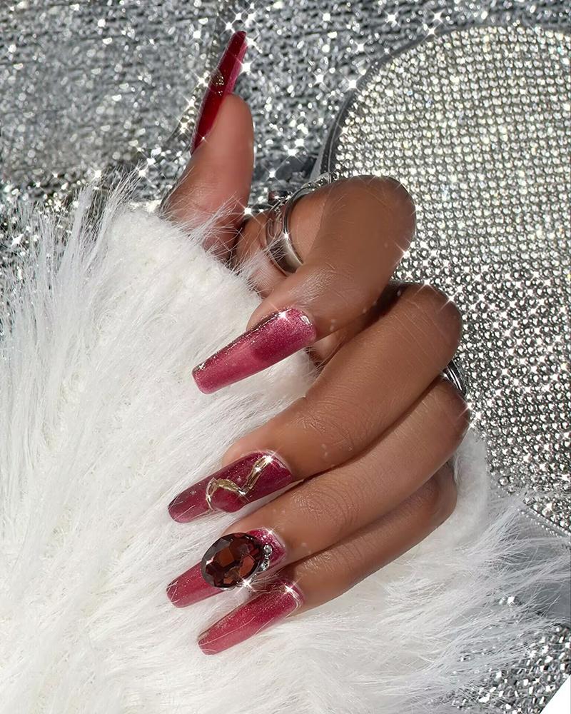 

Press on Nails Unhas postiças de caixão longo Coração Strass Unhas acrílicas roxas, Purple