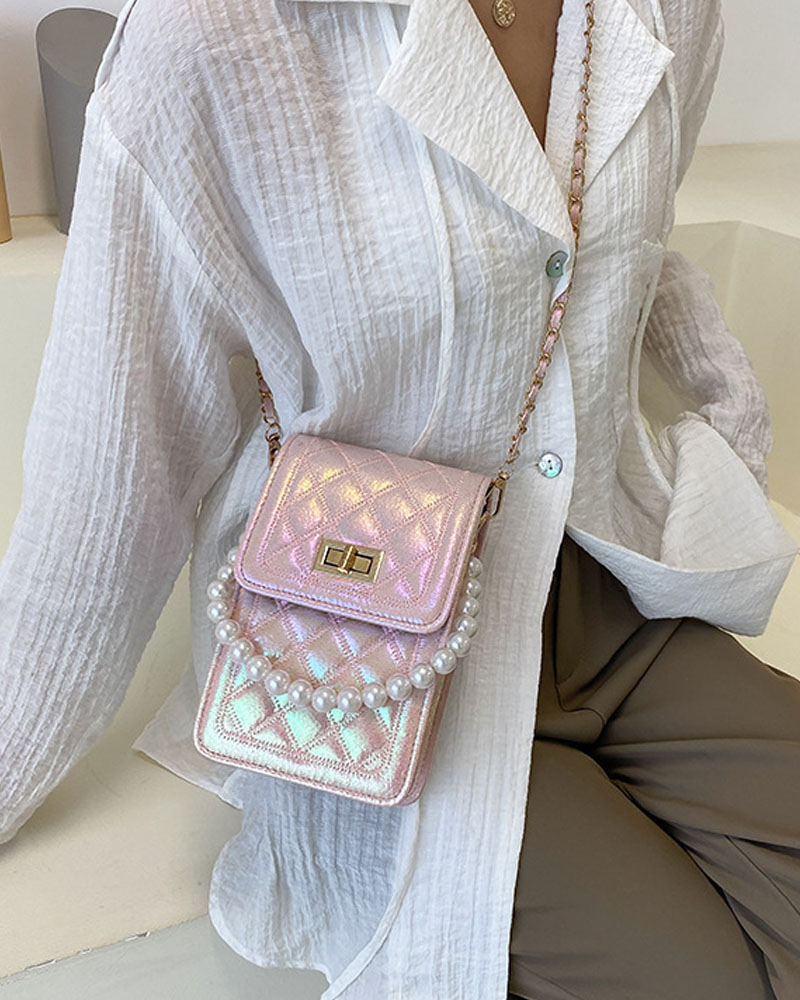 

Quilted Twist Lock Flap Shoulder Bag With Pearls Decor Handle, Pink
