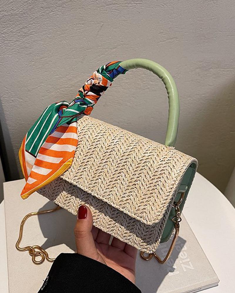 

Chain Strap Straw Shoulder Bag With Handle, Green