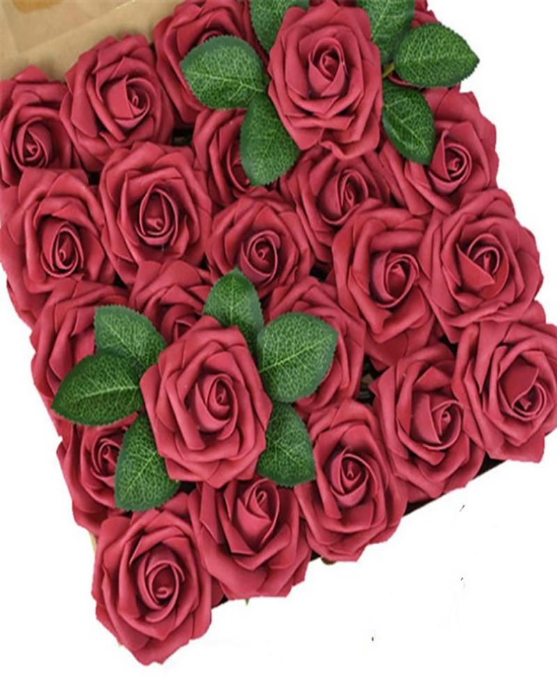

Artificial Flowers 25pcs Real Looking Blush Foam Fake Roses with Stems for DIY Wedding Bouquets Bridal Shower Centerpieces Party Decorations, Wine red