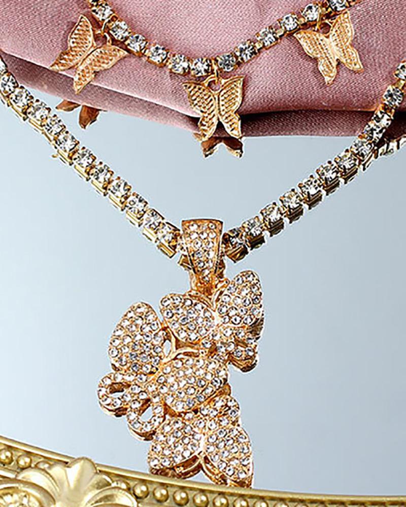 

2pcs Butterfly Pendant Rhinestone Chain Layered Necklace, Gold