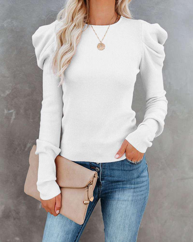 

Solid Bubble Sleeve Fitting Blouse, White
