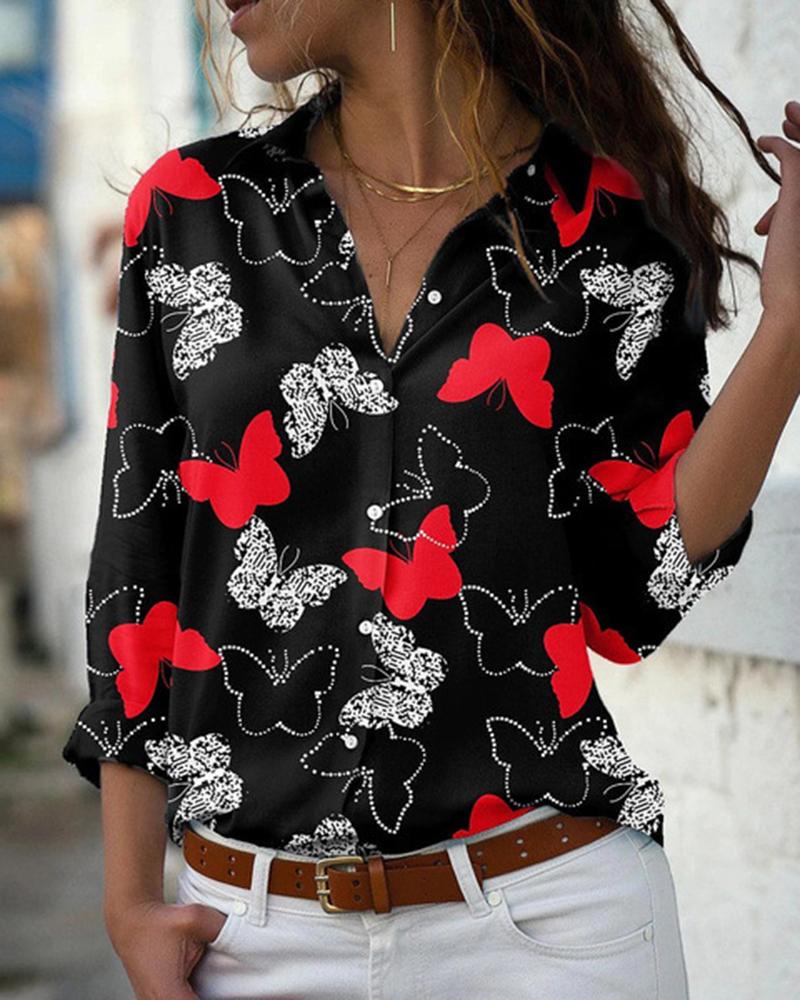 

Butterfly Print Buttoned Long Sleeve Shirt, Red