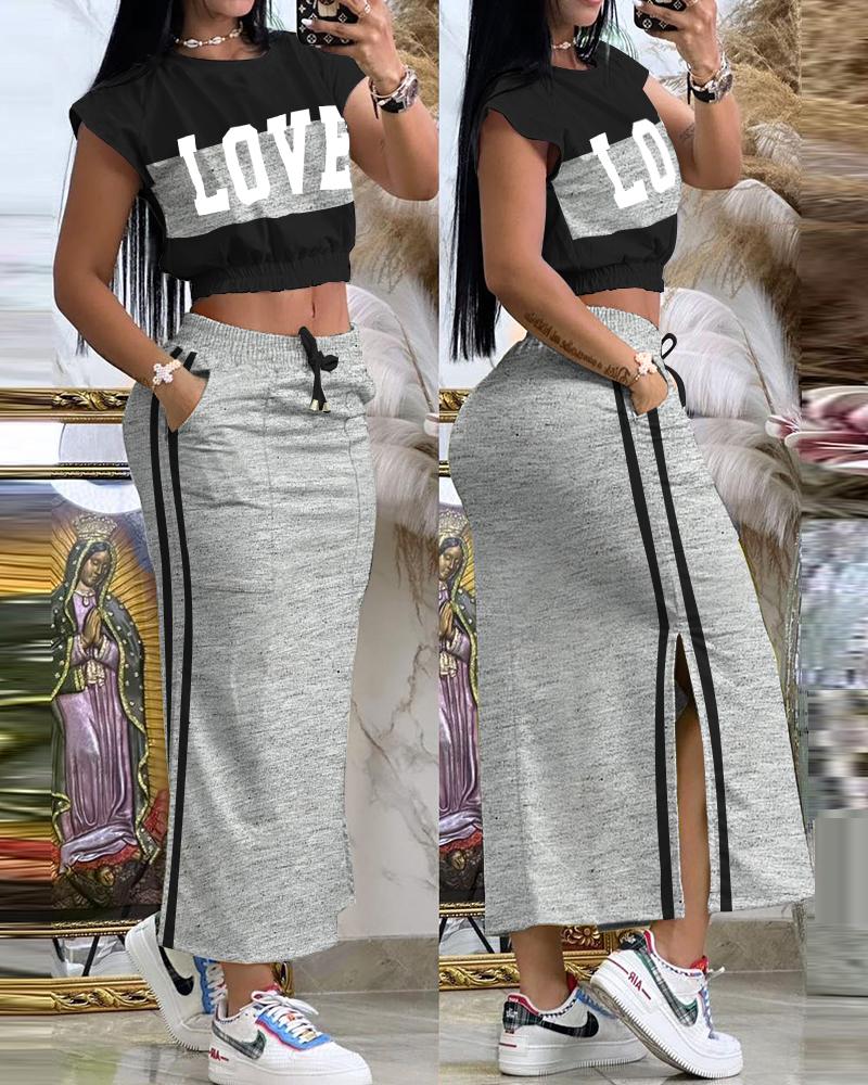 

Lover Letter Print Colorblock Crop Top & Striped Skirt Set, Gray