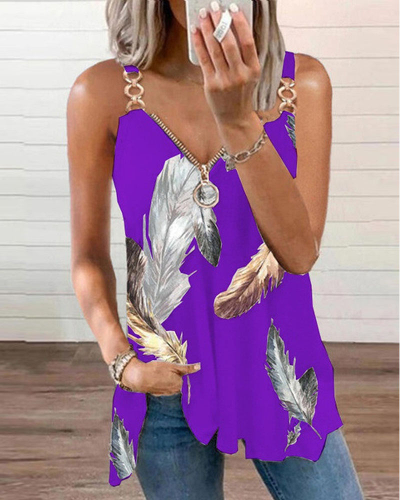 

Feather Print Zip Front Chain Strap Flowy Tank Top, Purple