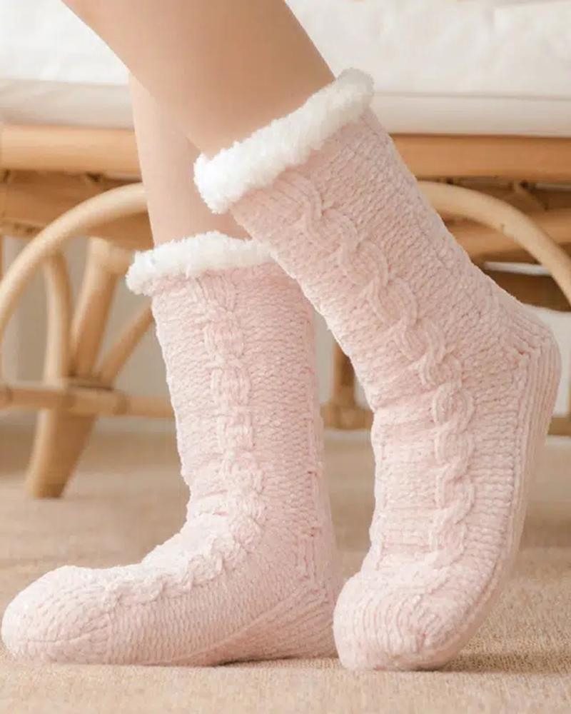 

1Pair Fleece Lined Fluffy Thick Warm Winter Non Slip Floor Socks, Pink