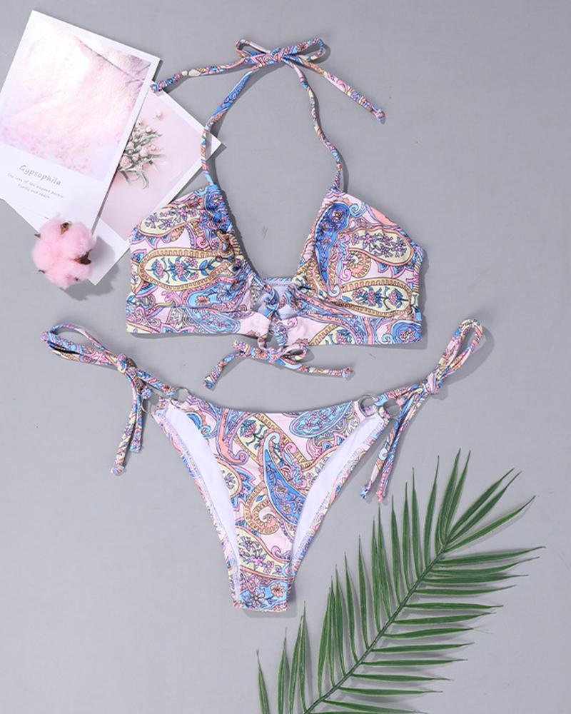

All Over Print Halter Sleeveless 2-Piece Bikini Sets, Multicolor