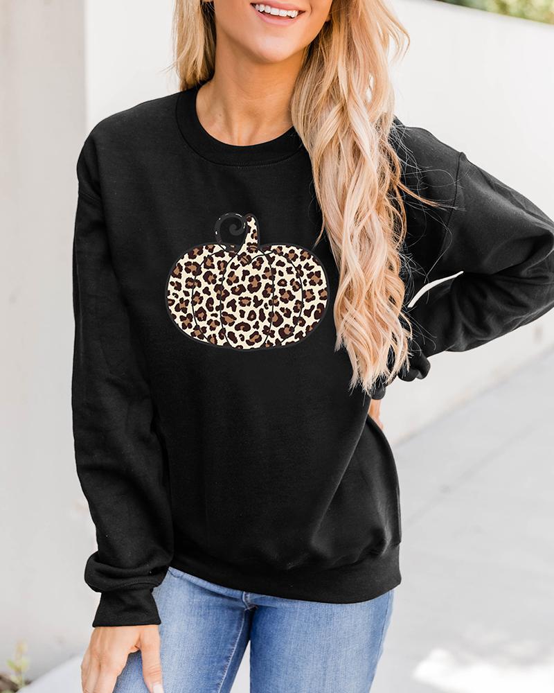 

Halloween Long Sleeve Cheetah Pumpkin Print Sweatshirt, Black