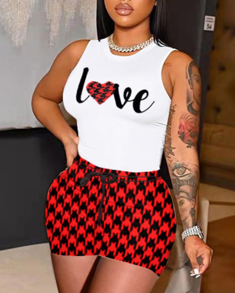 

Letter Heart Print Tank Top & Houndstooth Shorts Set, Red