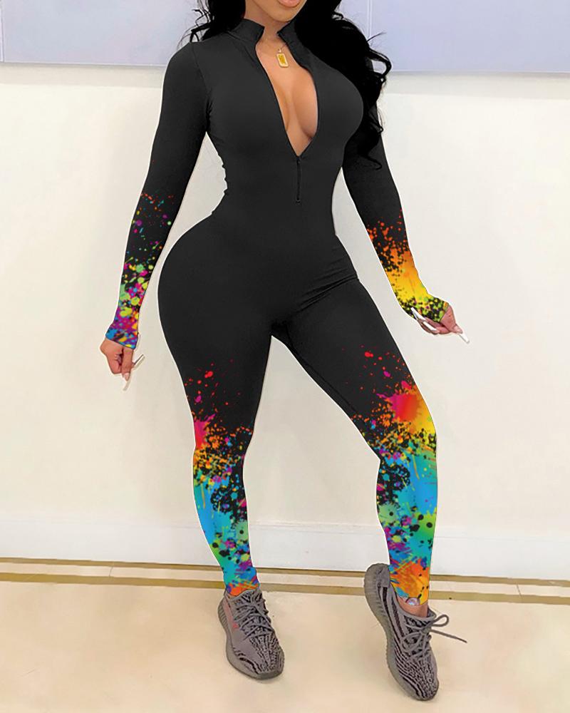 

Ink Splash Zipper Design Long Sleeve Skinny Jumpsuit, Black