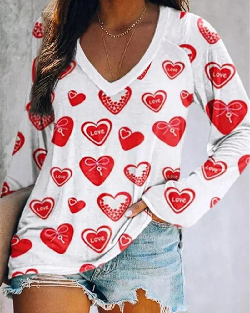 

Valentine' Day Heart Print V-Neck Top, White