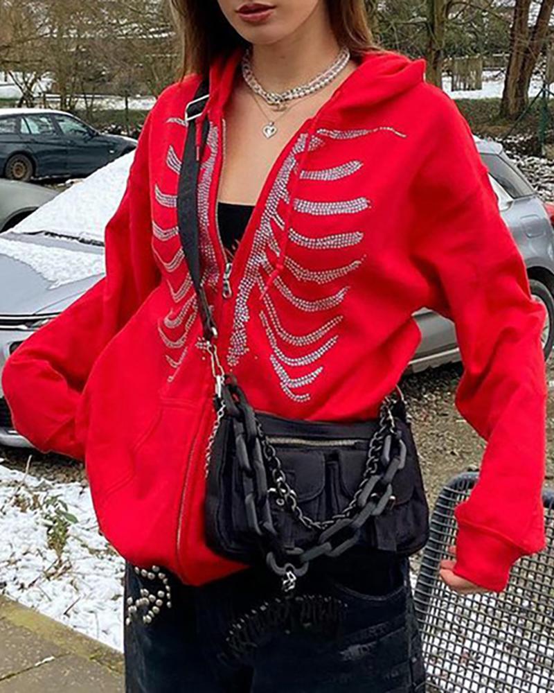

Halloween Rhinestone Skeleton Pattern Hoooded Sweatshirt, Red