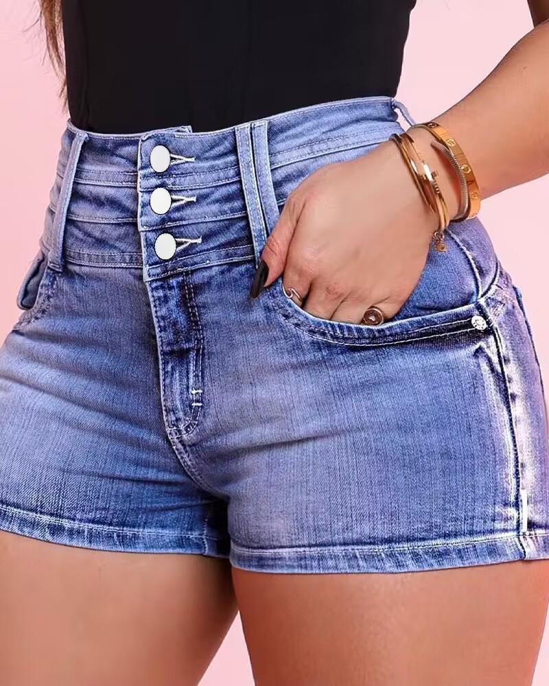 

Pocket Detail Buttoned High Waist Denim Shorts, Blue