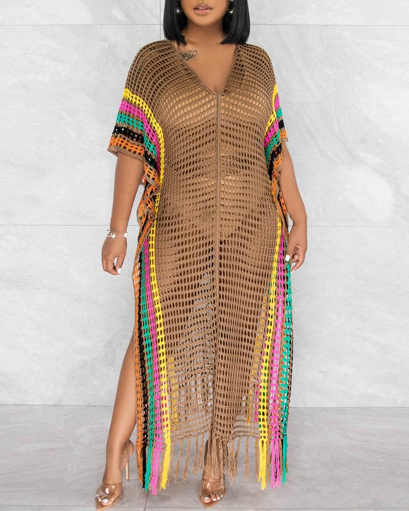 

Striped Hollow Out Crochet Cover Up Dress, Apricot