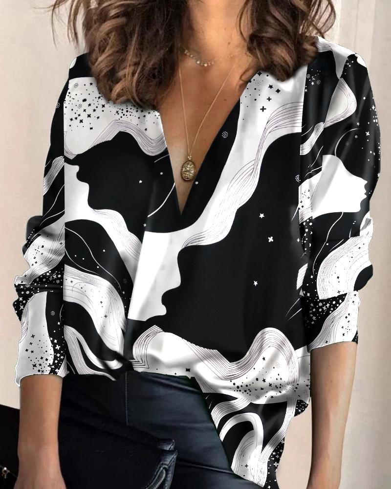 

Abstract Figure Print V-Neck Long Sleeve Top, Black&white