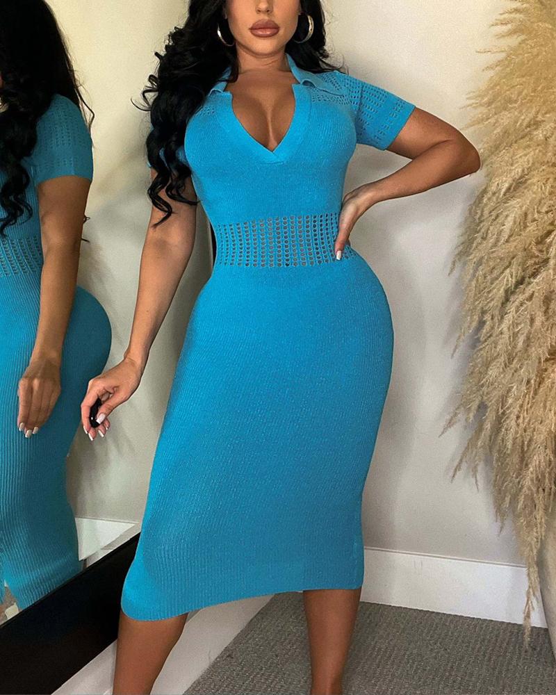 

Hollow Out Turn Down Collar Midi Dress, Blue