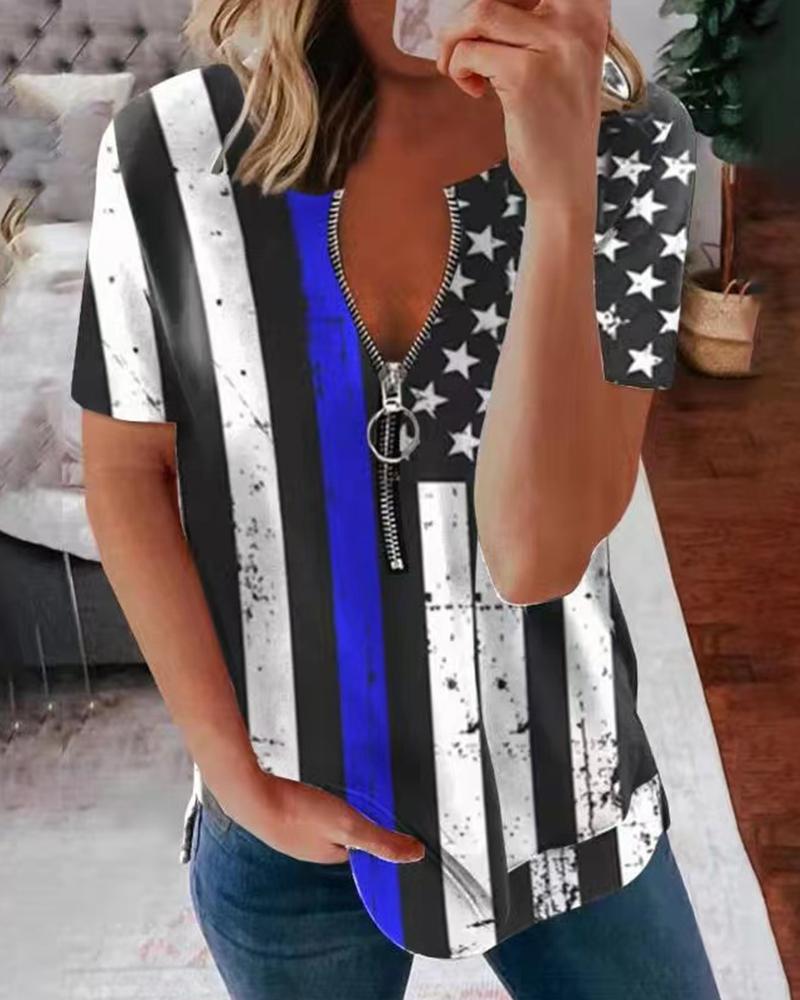

Star Print Short Sleeve Zipper Front Blouse, Style2
