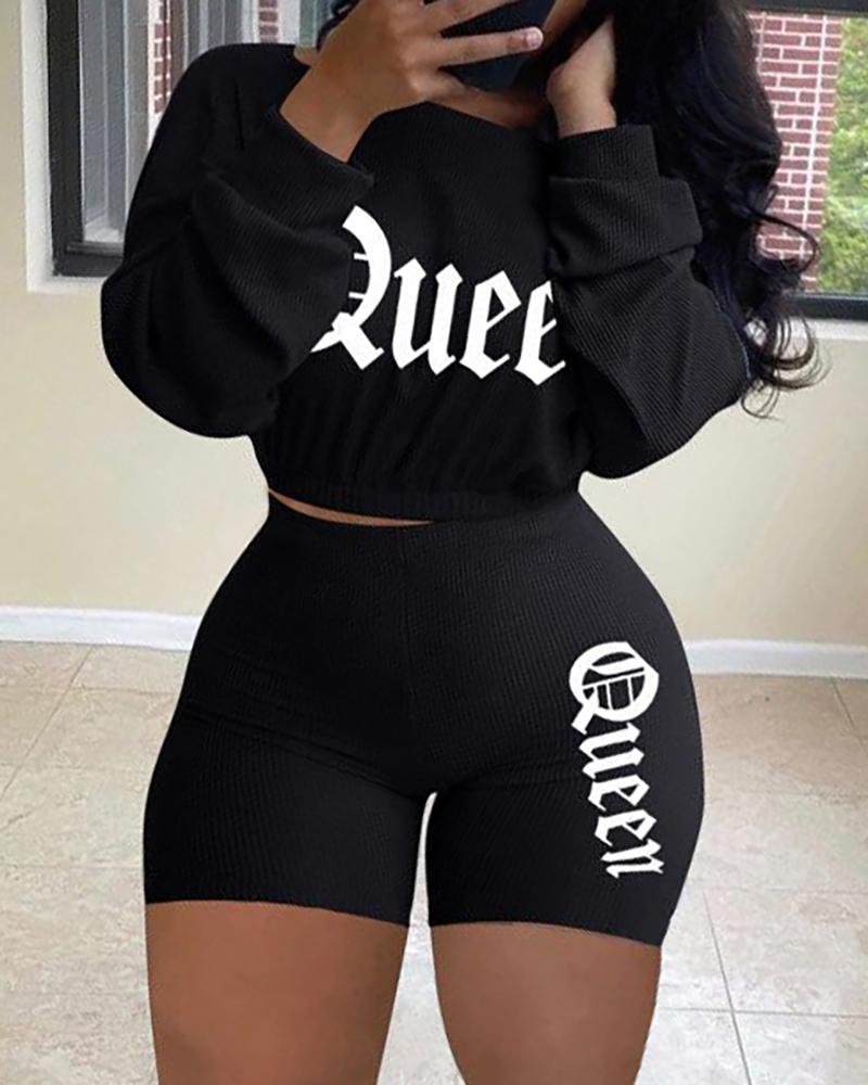

Letter Embroidery Ribbed Crop Top & Shorts Set, Black