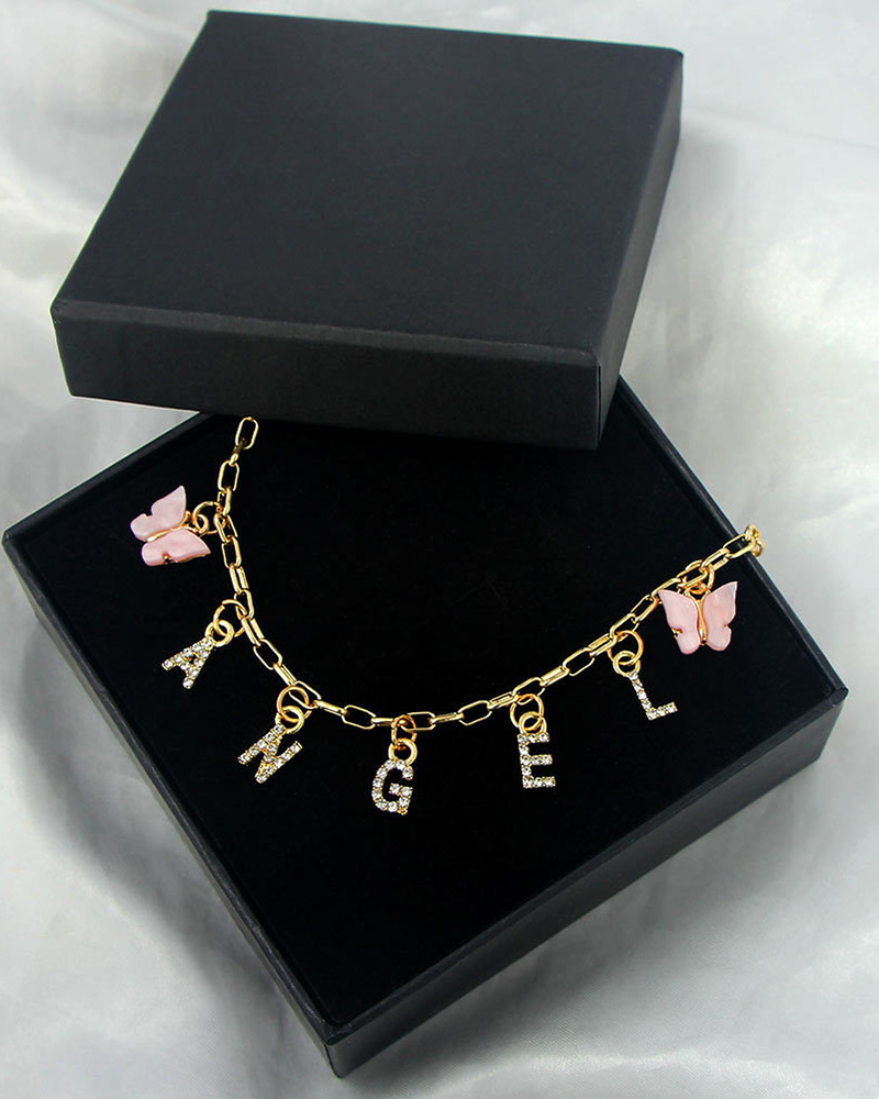 

1pcs Letter Butterfly Pendant Rhinestone Chain Necklace, Style2
