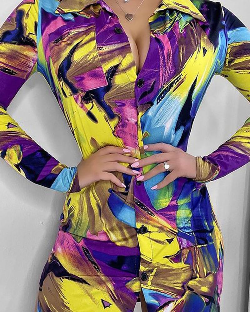 

Abstract Print Buttoned Skinny Shirt Dress, Multicolor