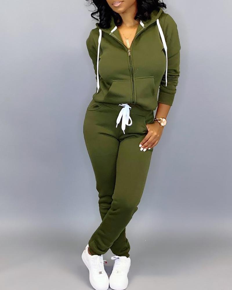 

Hooded Drawstring Zipper Design Sporty Top & Pants Sets, Army green