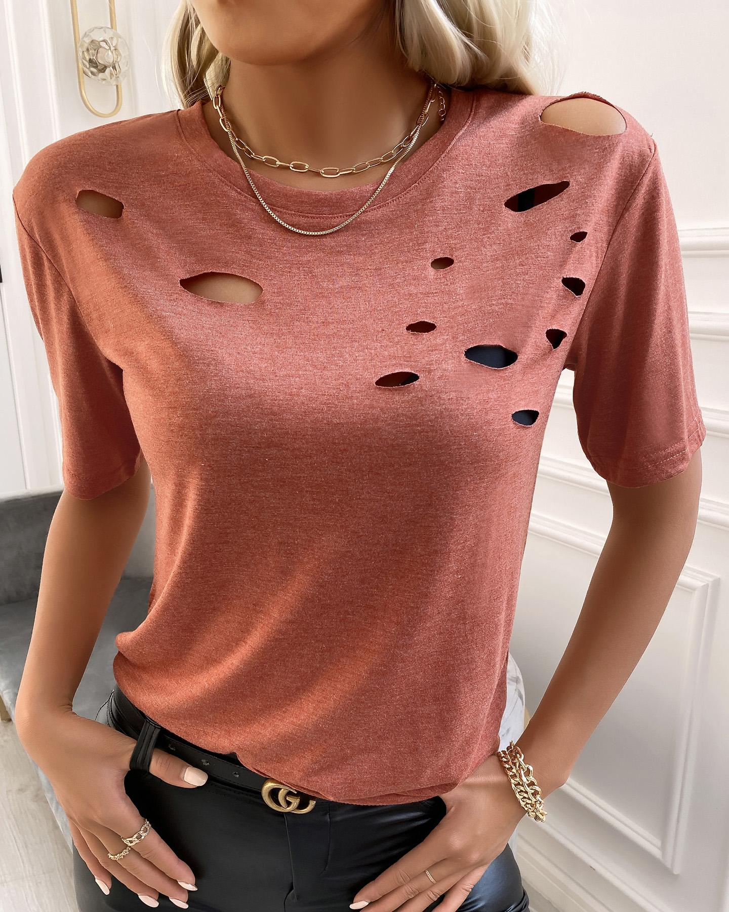 

Cutout Short Sleeve Plain T-shirt, Orange