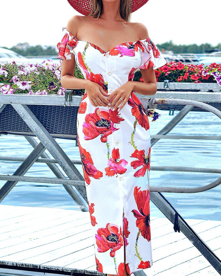 

Floral Print Flutter Sleeve Off Shoulder Bodycon Dress, White