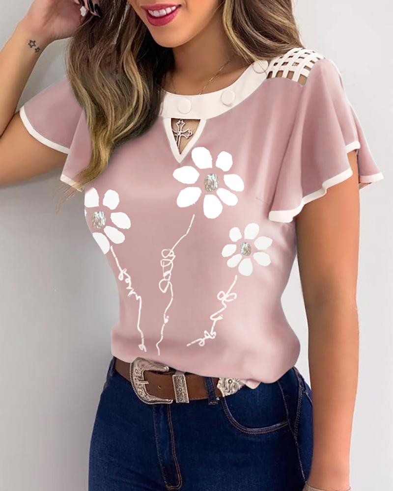 

Floral Print Flutter Sleeve Cutout Front Casual Top, Pink