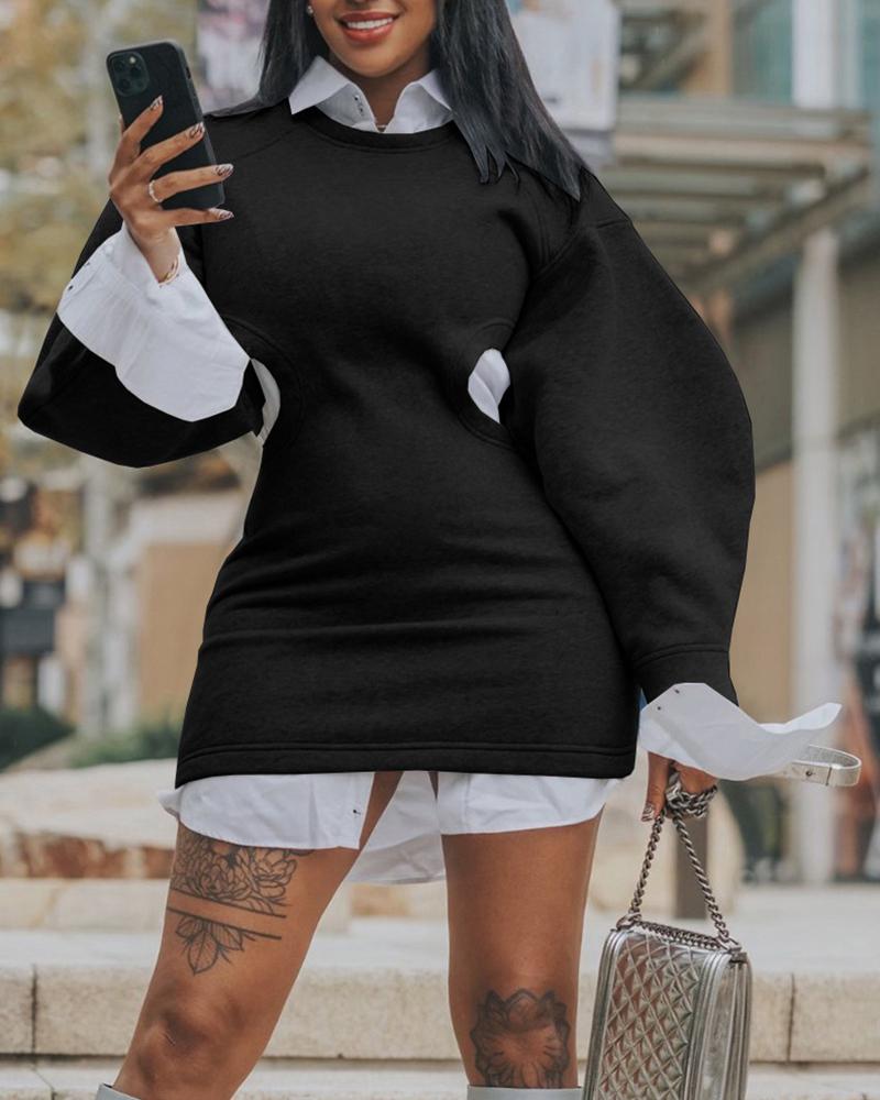 

Cutout Lantern Sleeve Sweatshirt Dress, Black