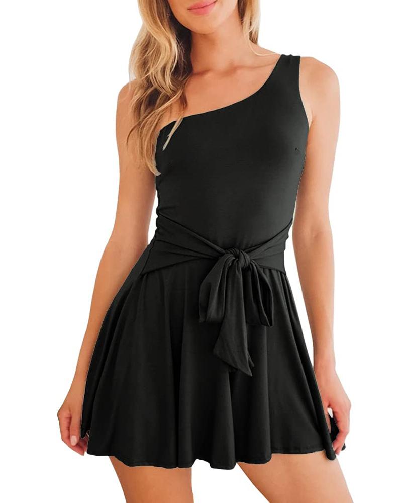 

One Shoulder Tied Detail Ruched Romper, Black