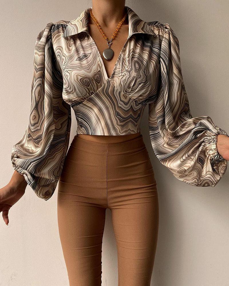 

Abstract Print Lantern Sleeve Crop Corset Top, Brown