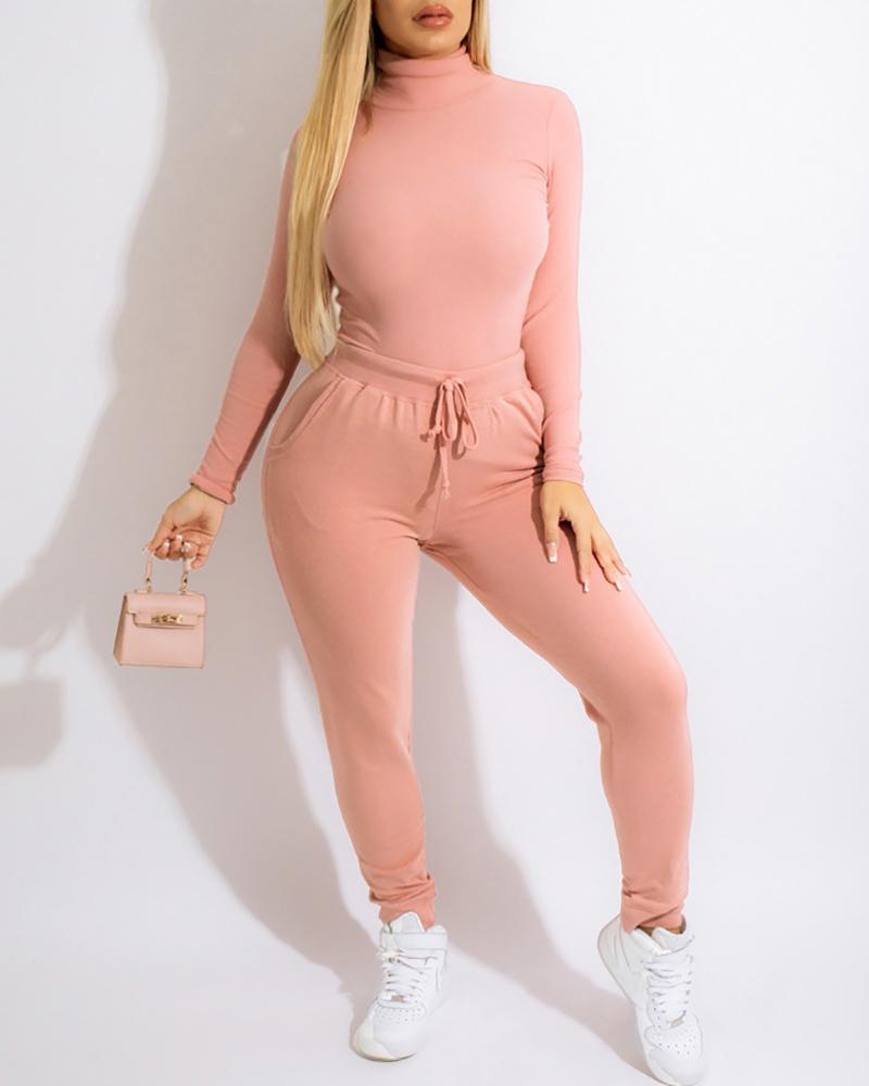 

High Neck Top & Drawstring Pocket Design Pants Set, Pink