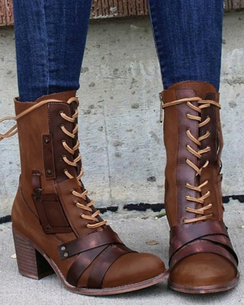 

Lace-up Colorblock Chunky Cowboy Boots, Brown