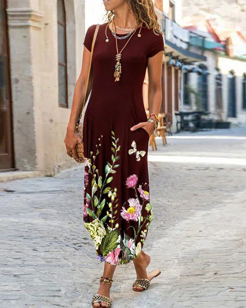 

Floral Print Pocket Detail Curved Hem Casual Dress, Wine red