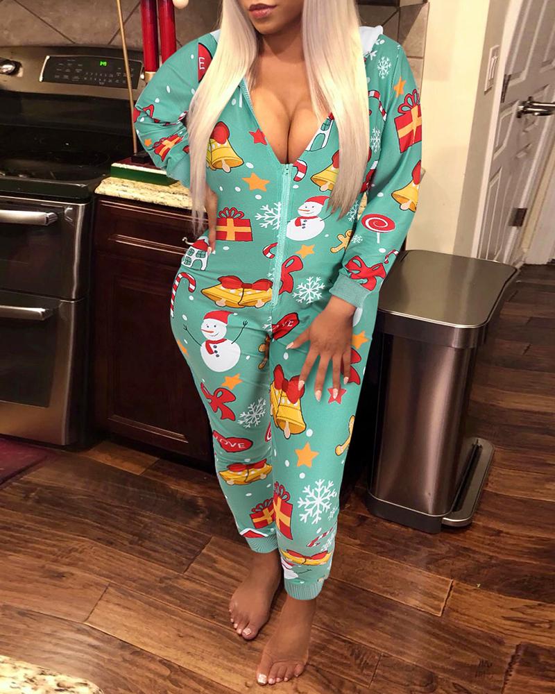 

Christmas Mixed Print Hooded Lounge Jumpsuit, Green