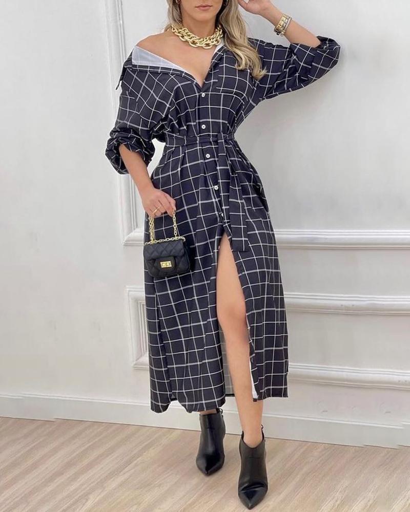 

Plaid Print Button Design Shirt Dress, Black