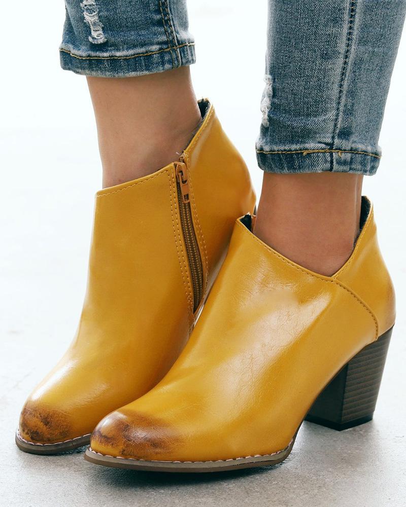 

Side Zipper Chunky Heel Ankle Boots, Yellow