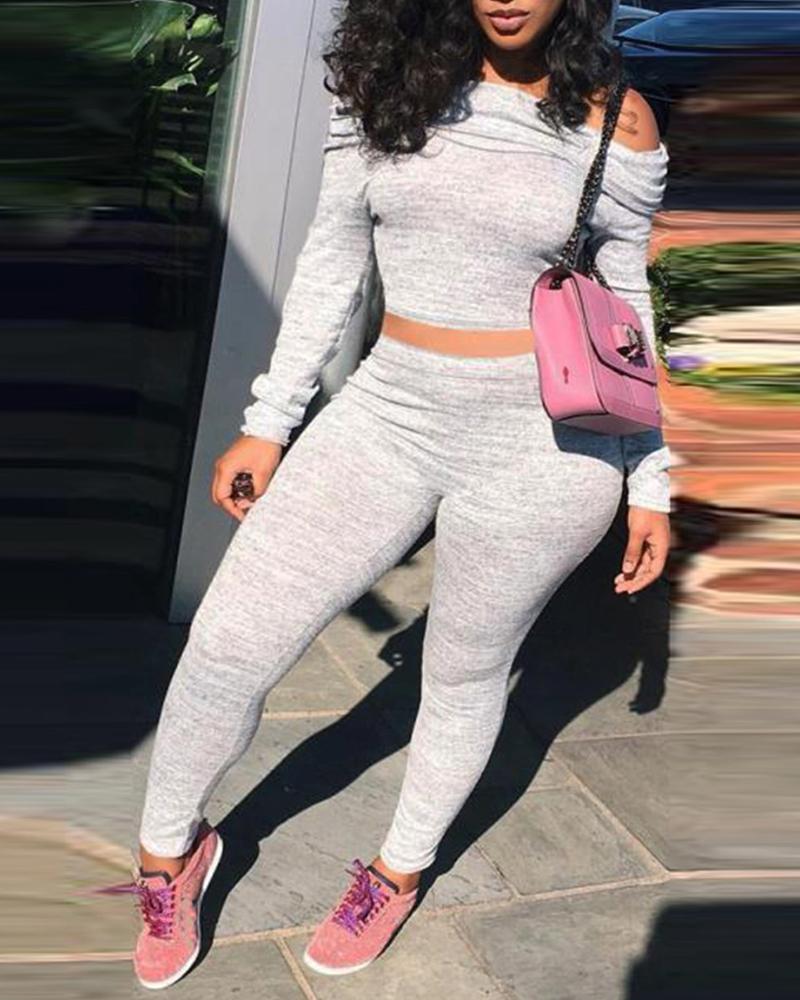 

Off Shoulder Long Sleeve Crop Top & Skinny Pants Set, Gray
