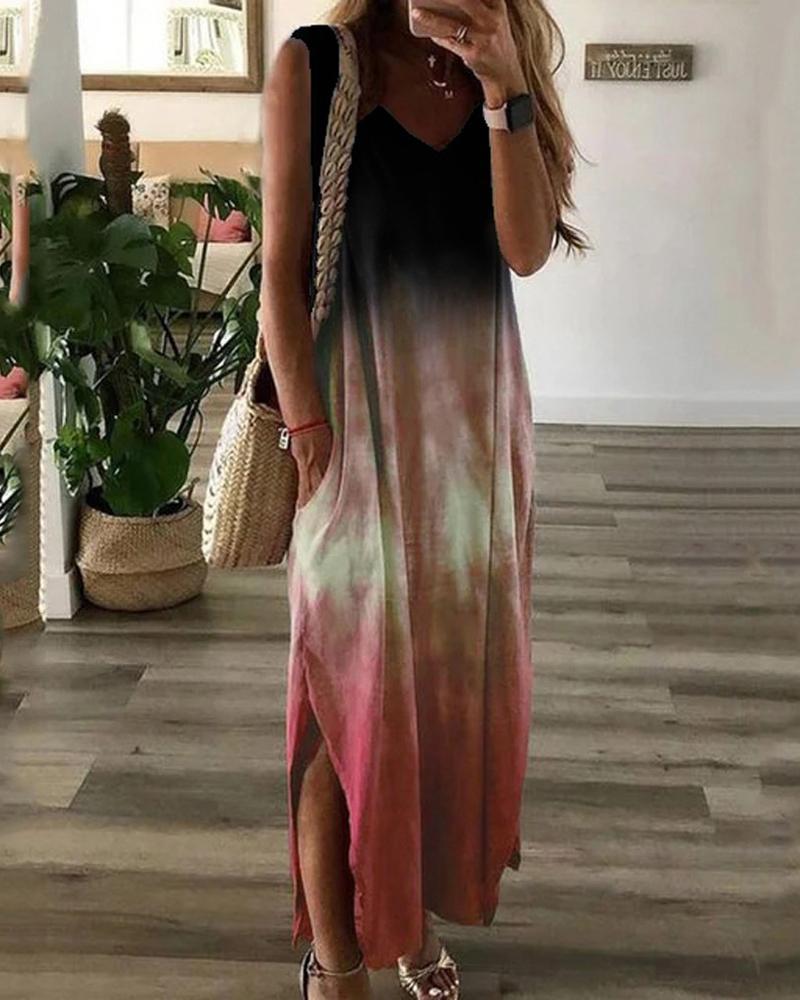 

Tie Dye Print Pocket Design Split Hem Casual Dress, Black