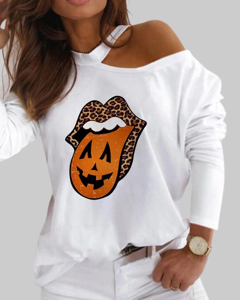 

Halloween Cutout Long Sleeve Cheetah Lip Print Top, White
