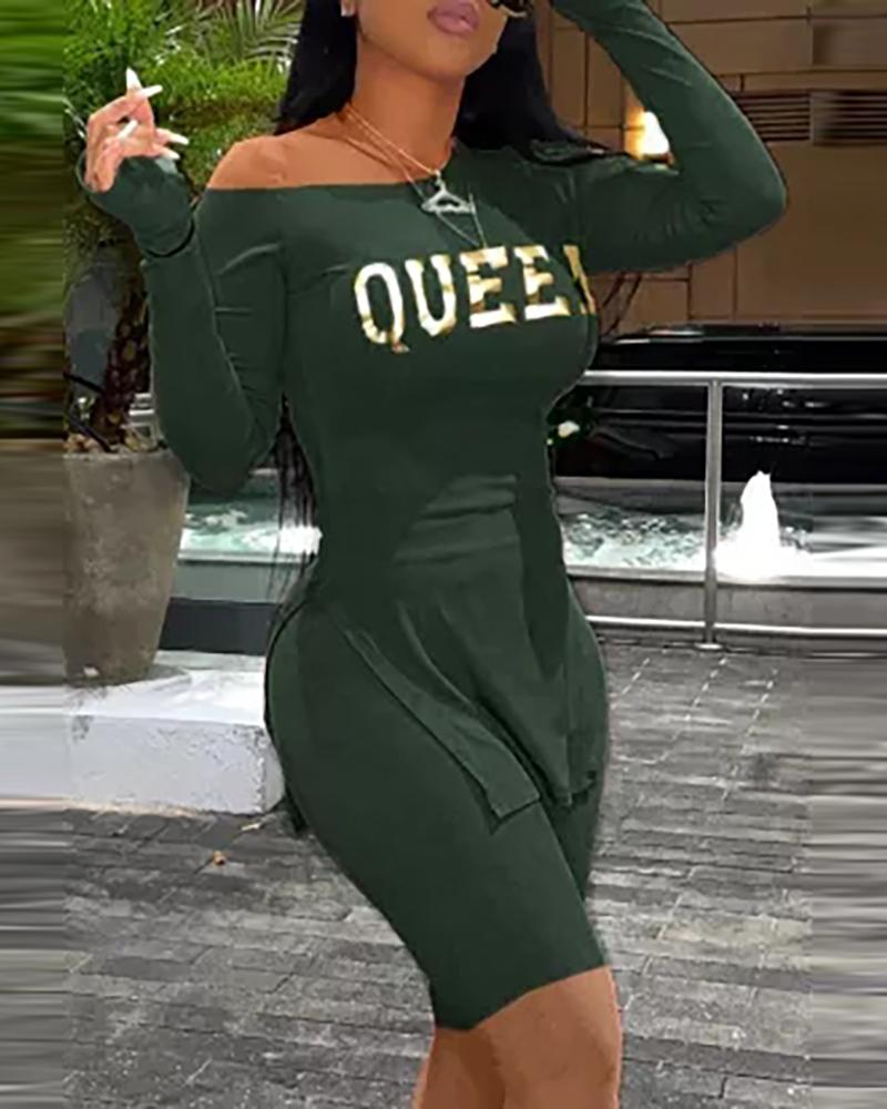 

Slit Letter Print One Shoulder Long Sleeve Top & Shorts Set, Green