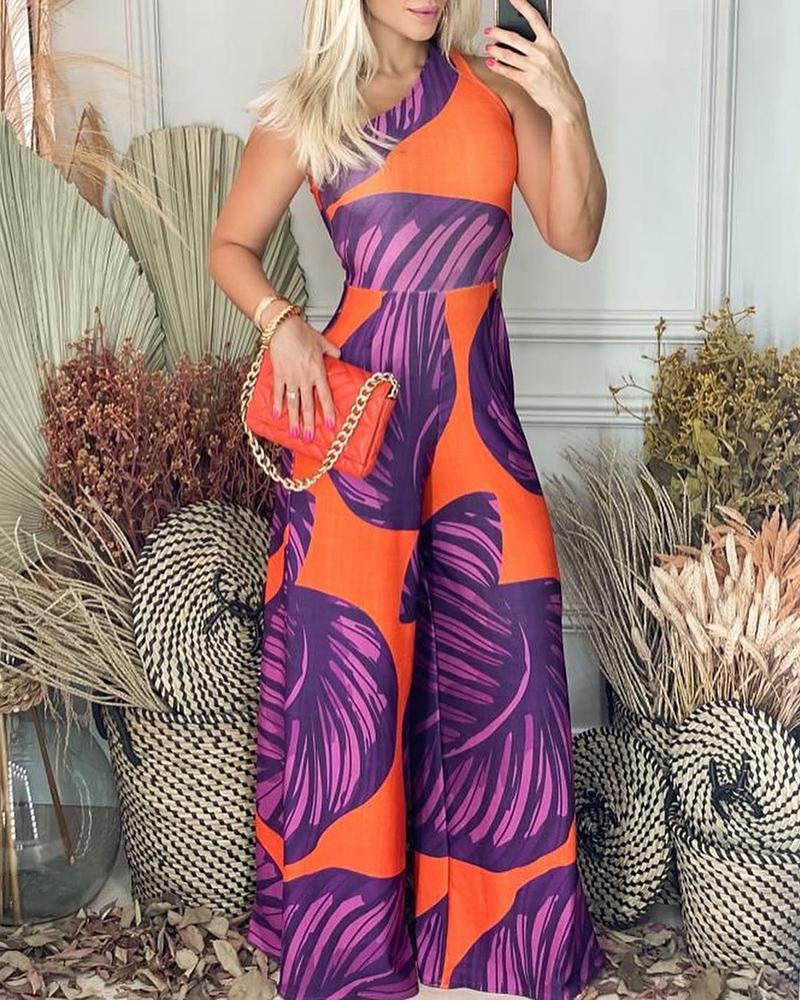 

One Shoulder Plants Print Wide Leg Jumpsuit, Orange