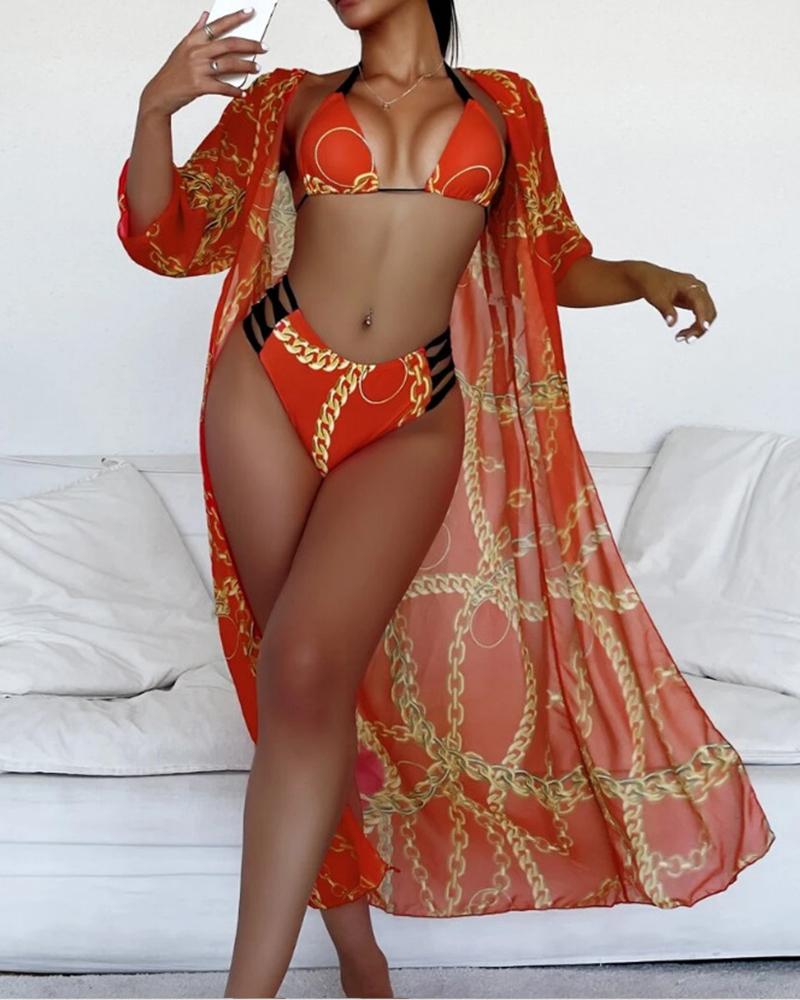 

3PCS Chain Print Cutout Halter Bikini Set With Cover Up, Orange