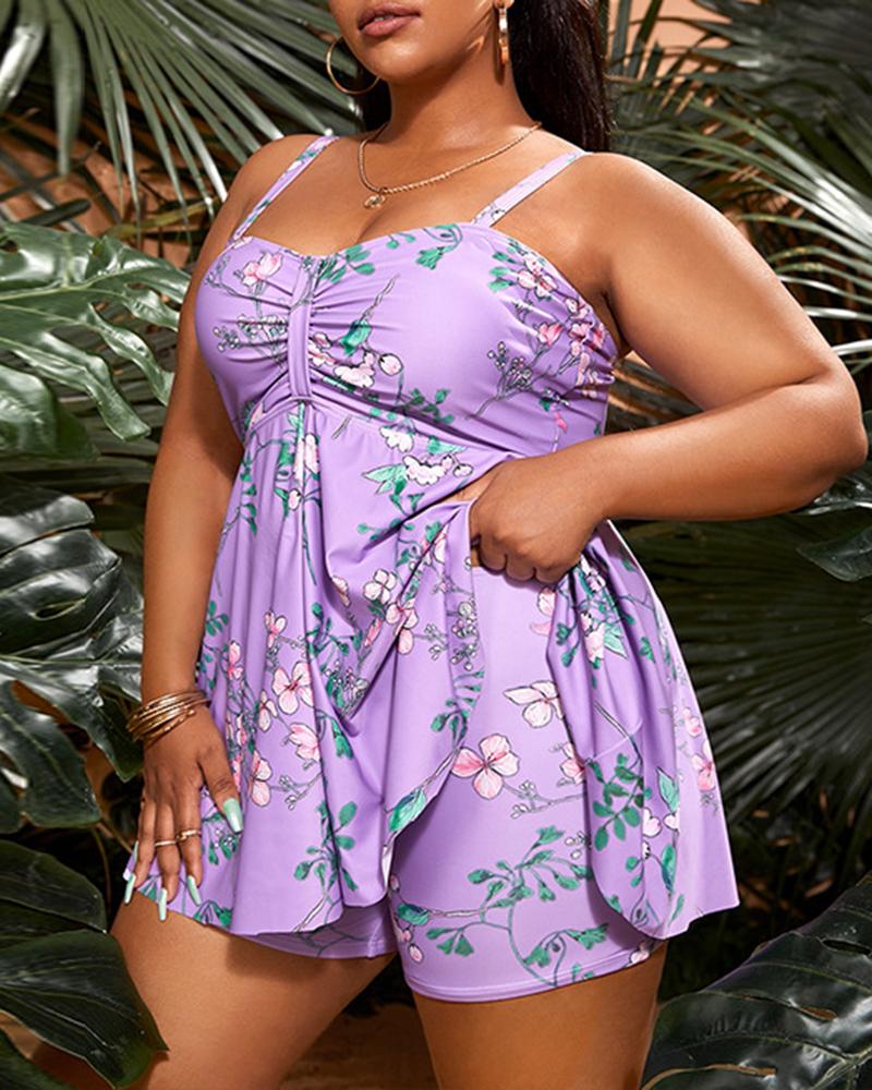 

Plus Size Floral Print Drawstring Tankini Set, Light purple