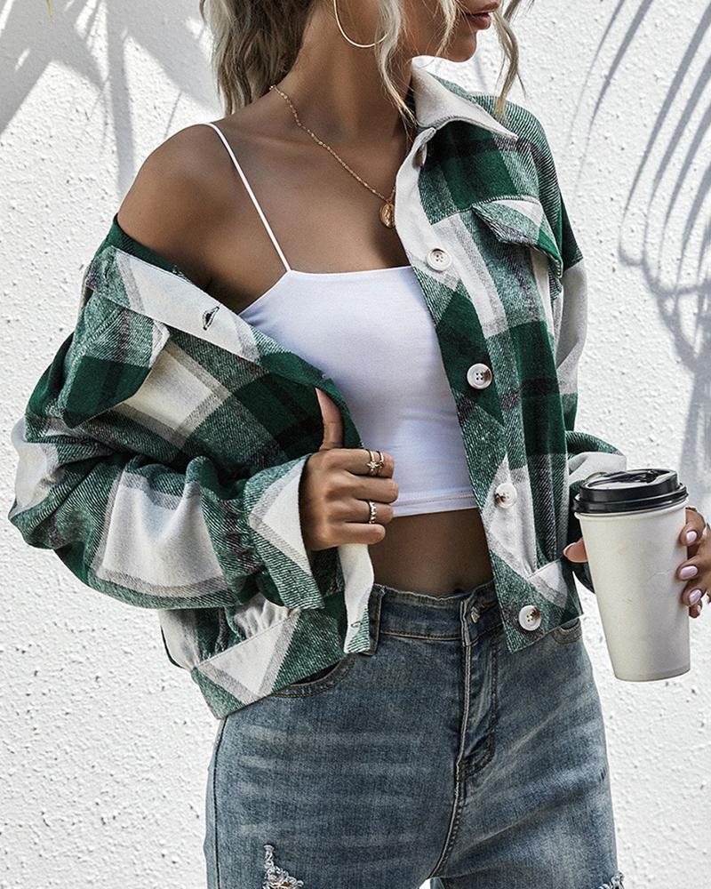 

Plaid Print Long Sleeve Buttoned Crop Shacket, Green