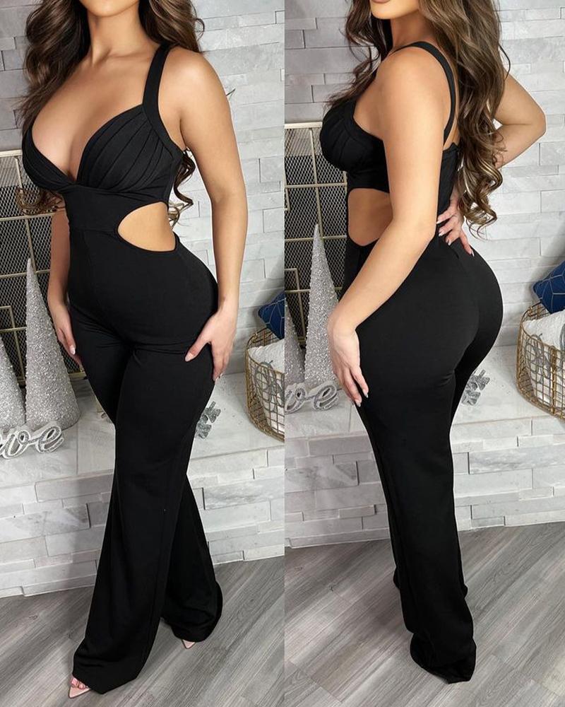 

Cutout Waist Plunging Neck Jumpsuit, Black