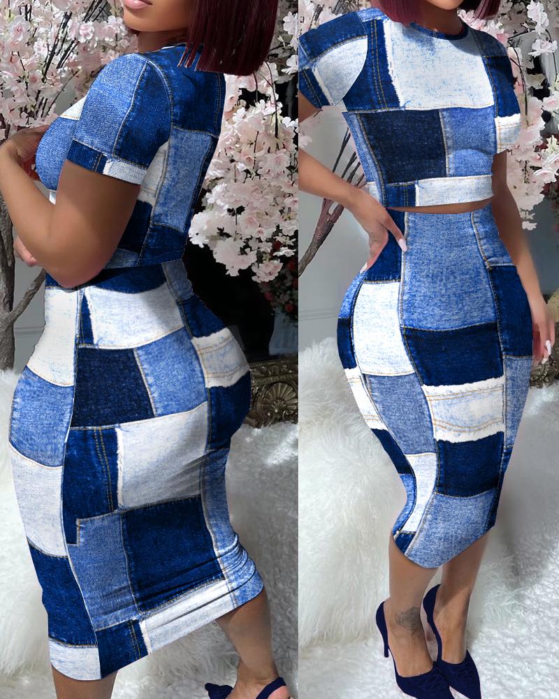 Denim Look Print Short Sleeve Top & High Waist Skirt Set