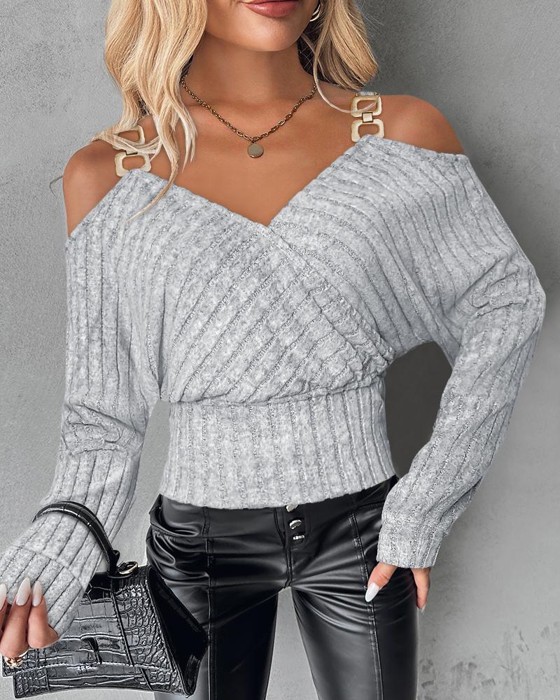 

Cold Shoulder Chain Decor Ribbed Top, Gray