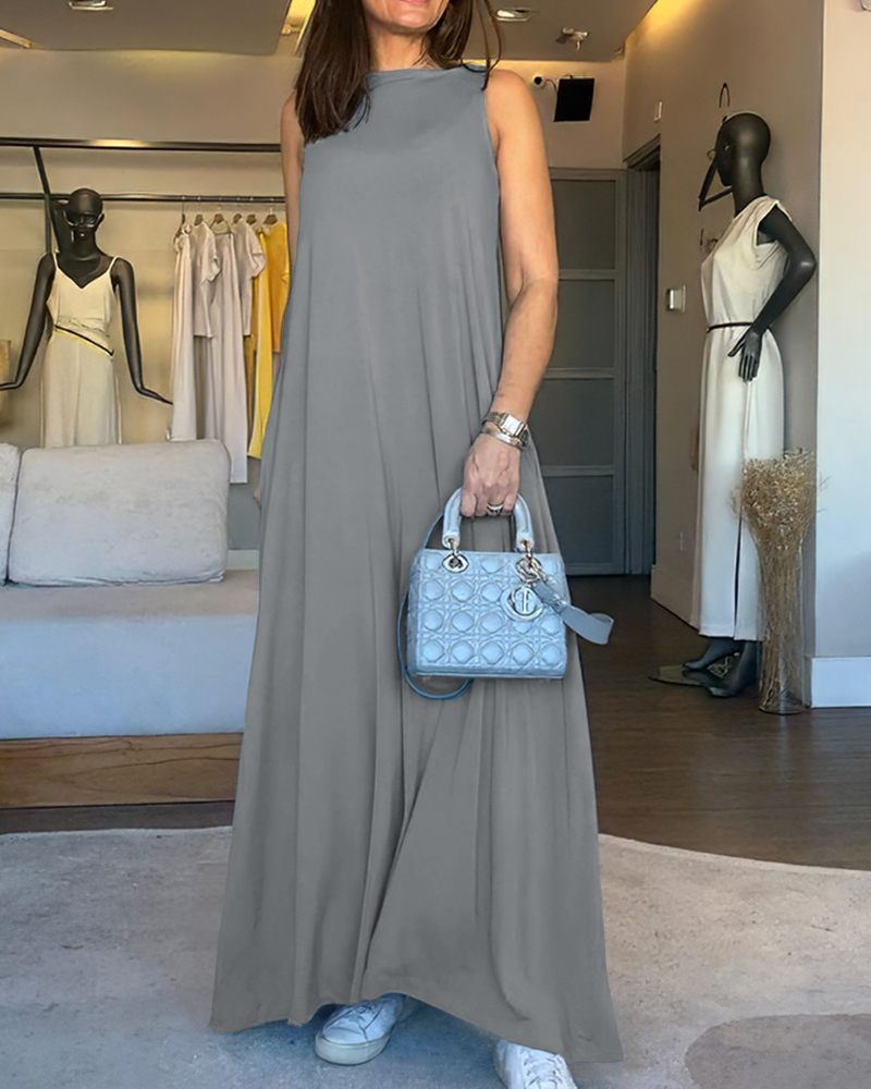 

Vestido largo informal sin mangas con escote en V y corte en A. Vestido maxi holgado de dos formas., Gray