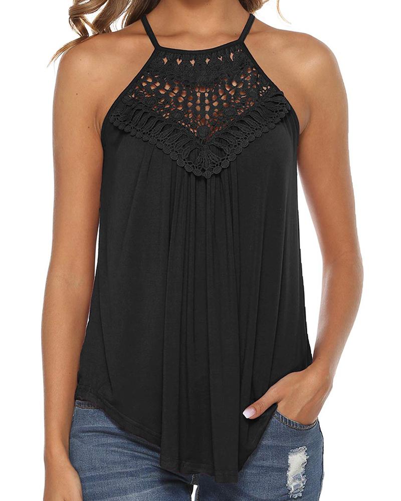 

Spaghetti Strap Halter Lace Flowy Tank Tops, Black